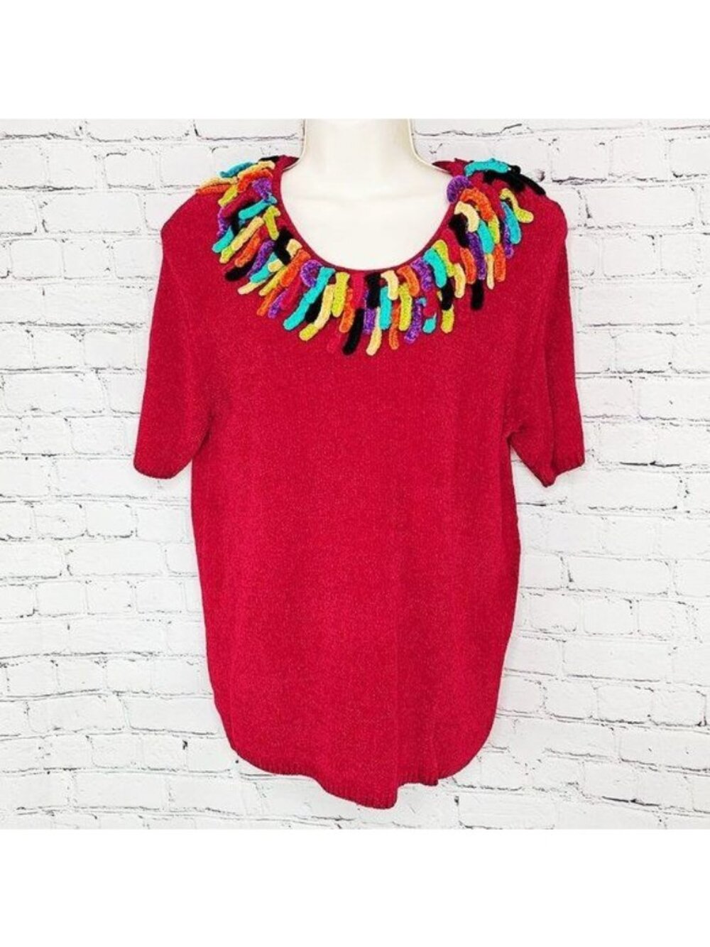 VTG LISA CHENIELLE RED COLOR FRINGE SHORT SLV SWEATER - M